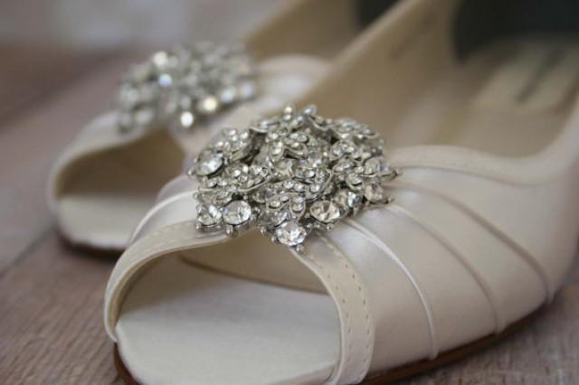 Wedding Shoes -- Ivory Peeptoe Wedge Wedding Shoes with Classic Rhinestone Cluster