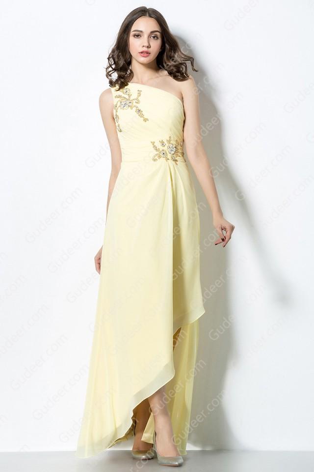 wedding photo - Glamour Asymmetrical One Shoulder High Low Chiffon Bridesmaid Dress with Embroidered Lace