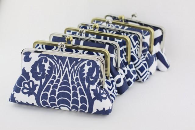wedding photo - Navy Bridesmaid Clutches, Gifts, You Choose Your Prints, Chevron, Damask, Floral and More - Set of 4