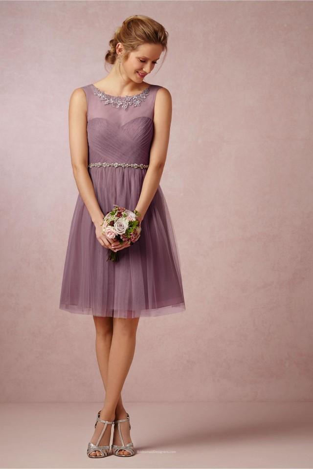 wedding photo - Embroidered Pleated Short Knee Length Mauve Tulle Bridesmaid Dress
