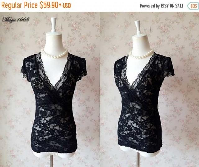 wedding photo - Black lace top, Sexy V neck Women tops, Cap Sleeved Lace Top Lace Shirts, newretro Wedding top, Feminine Party tops  - Plus size tops