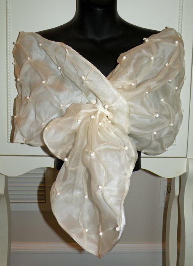 wedding photo - Silk Organza Fabric Pearls Shrug/Wrap/Shawl/Bolero..Bridal/Wedding Gift..Hands Free..Ivory/Black..Clutch to match..Evening Wear