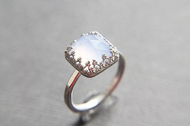 wedding photo - Coupon Code SAVE10 - Blue Chalcedony Vintage Style Engagement Ring - Elegant Square Gemstone - Unique Styling