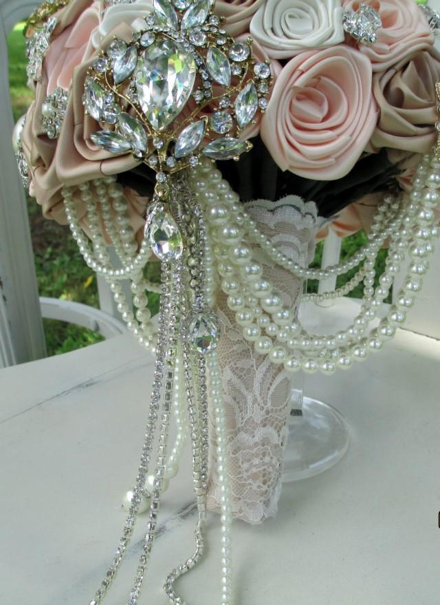 Pearls, Rhinestones, & Champagne Lace Brooch Bridal Bouquet