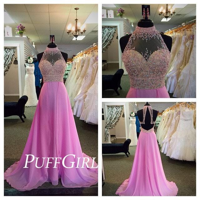 wedding photo - Pink Sheer High Neck Hater Prom Gown With Beaded Bodice