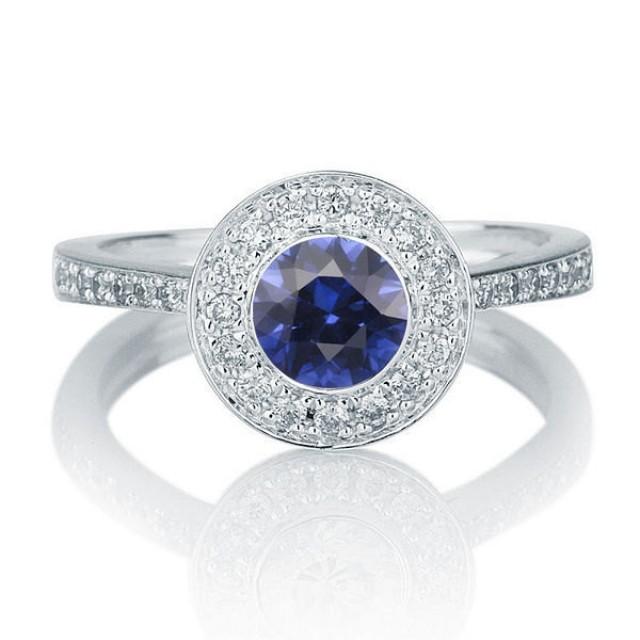 Bezel Set Ring, Blue Sapphire Engagement Ring, 14K White Gold Ring