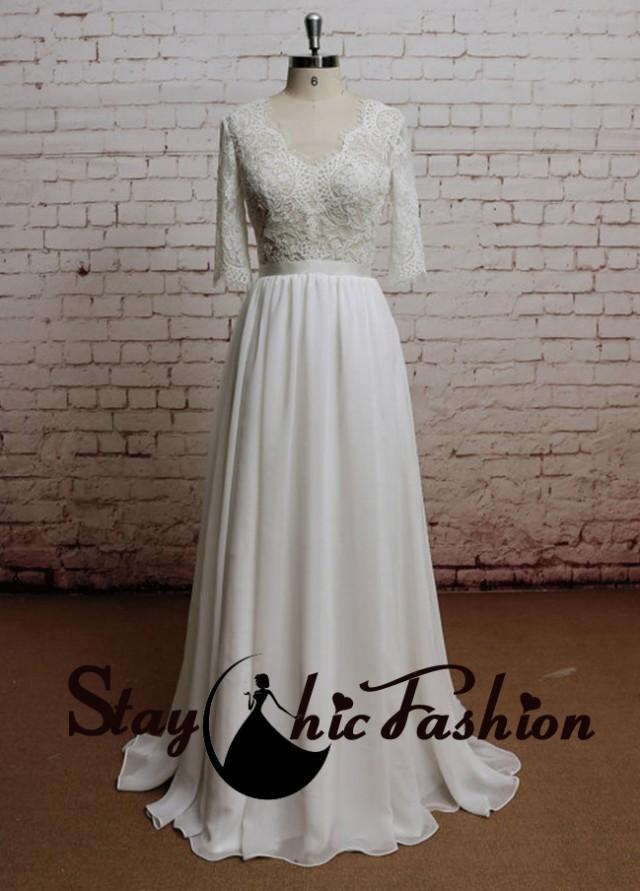 wedding photo - Elegant Lace Embroidery V Neck Half Sleeves Long Chiffon Wedding Bridal Dress