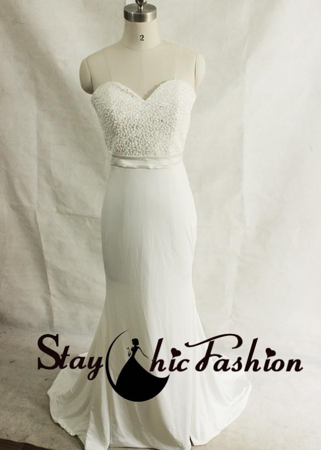 wedding photo - White Jewels Sequined Top Strapless Long Jersey Bridal Dress with Sweep Train