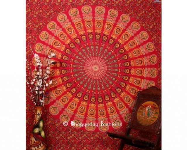 wedding photo - Red Round Mor Pankh Bohemian Wall Tapestry