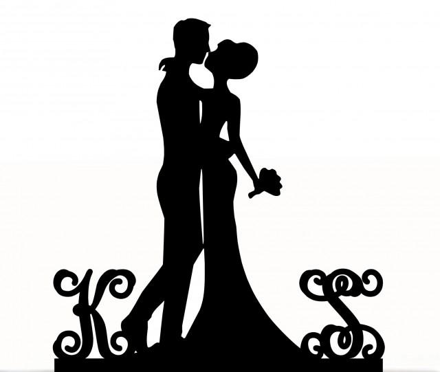 wedding photo - Custom Wedding Cake Topper Silhouette With 2 Monogram Personalized Initials for Groom & Bride, choice of color, and a FREE base for display