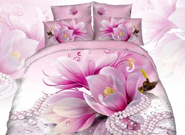 wedding photo - Pink Blooming Flowers Necklace Print 4-Piece Cotton Duvet Cover Sets