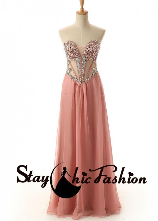 wedding photo - Sexy Illusion Waist Pink Sequined Strapless Long Chiffon Prom Dress 2015