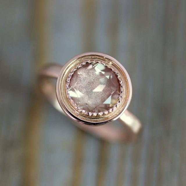 wedding photo - 14k Rose Gold And Oregon Sunstone Halo Ring, Vintage Inspired Milgrain Detail, Made To Order