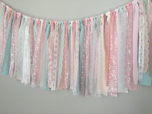 wedding photo - Pink & Aqua pastel with Iridescent  Sequin Fabric Banner Garland - Backdrop, Baby Shower, Photo Prop, Nursery, Crib Garland, Cake Smash