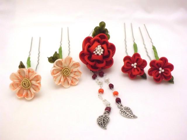 Flower hair piece set, Tsumami kanzashi, Scarlet orange white flowers, Hair comb, Flower hair stick, Fabric flowers, Bridal, Gift,  OOAK