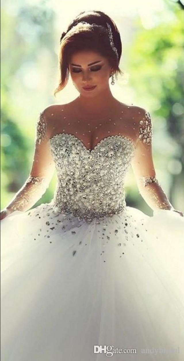 wedding photo - 2015 Long Sleeve Wedding Dresses With Rhinestones Crystals Backless Ball Gown Wedding Dress Vintage Bridal Gowns Spring Quinceanera Dresses