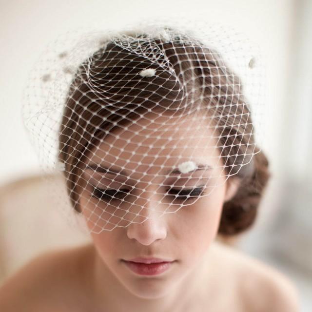 wedding photo - Netted Blusher Embellished Petal Bridal Birdcage Veil
