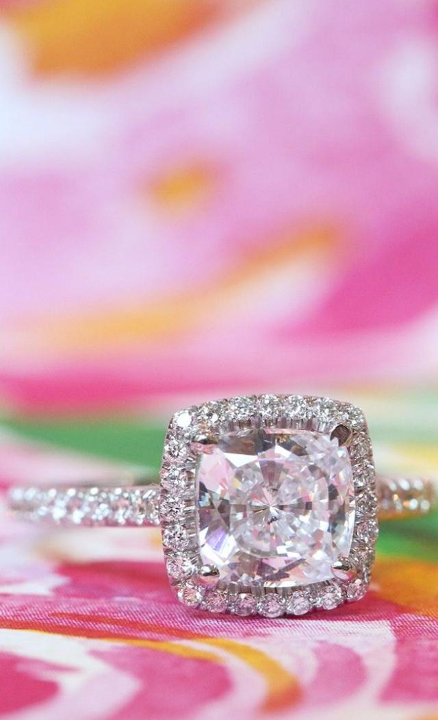 wedding photo - Engagement Rings, Halo, 18k White Gold Pave Set Engagement Ring Cushion Center Item 31888