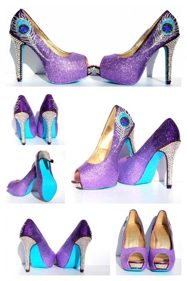 wedding photo - Peacock Heels with Swarovski Crystal Feather in Purple Glitter with Aqua Soles
