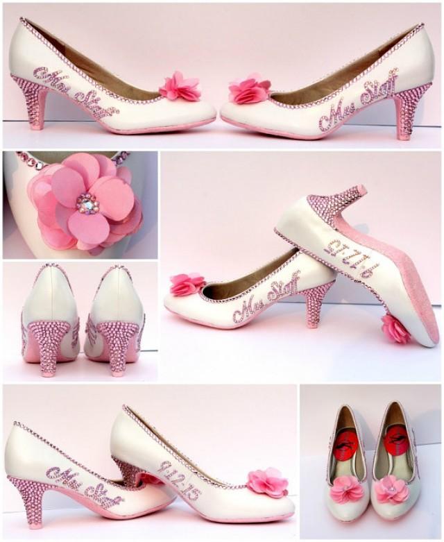 wedding photo - Light Pink Bridal Shoes -Bride's Name & Wedding Date - Personalized Wedding Shoes - Pink Bridal Swarovski Pumps -Fabric Flower Wedding Heels