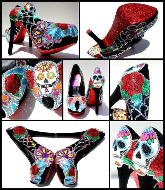 wedding photo - Sugar Skull Heels with Swarovski Crystals and Glitter or Day of the Dead Heels