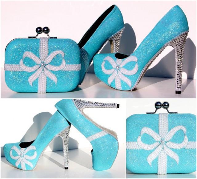 wedding photo - Aqua Glitter Blue Heels with Swarovski Crystals and Pearls with matching Clutch