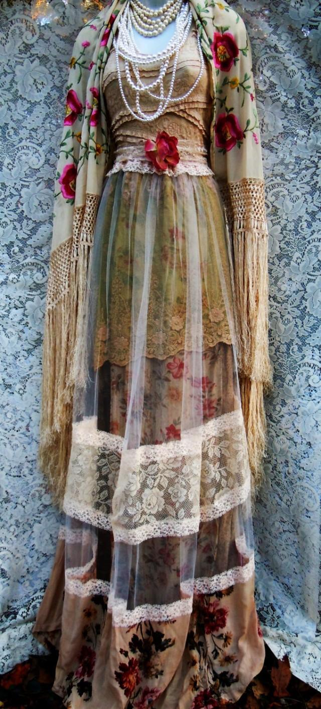 Beige tulle  dress tea stained roses  cotton  crochet vintage  bohemian romantic small by vintage opulence on Etsy