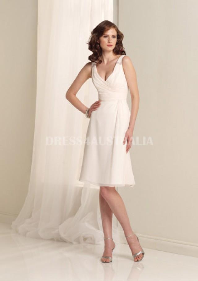 wedding photo - Buy Australia A-line White V-neck Knee Length Chiffon Bridesmaid Dresses by STI BY11342T at AU$118.93 - Dress4Australia.com.au