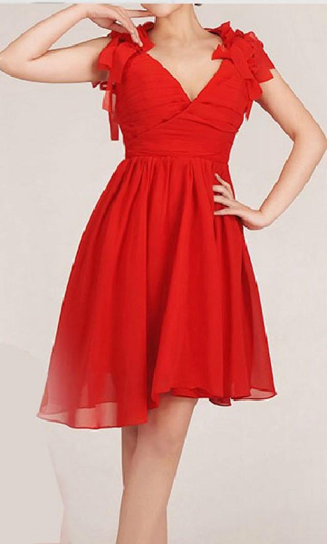 wedding photo - Red Chiffon V-neck Floral Open-Back High Low Bridesmaid Dresses KSP006
