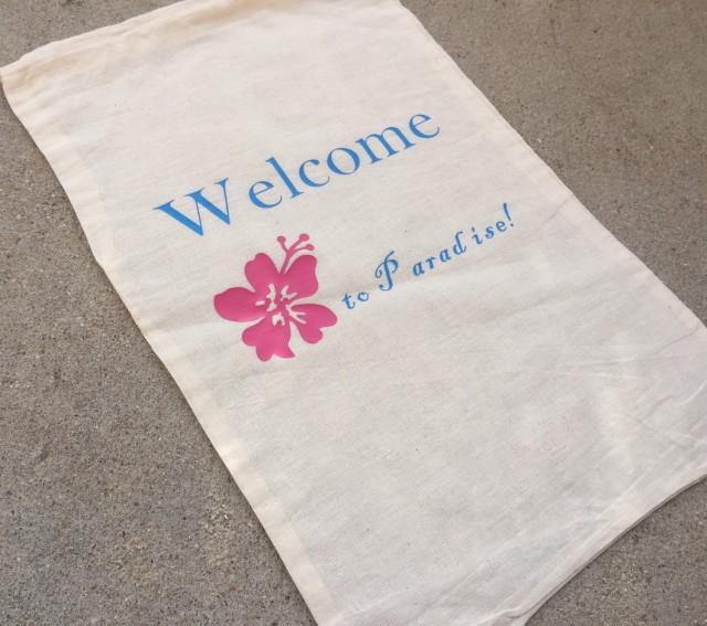 Beach wedding welcome bag,  Hawaiin welcome bag, paradise welcome bag, flip flop bag, drawstring welcome bag, out of town bag