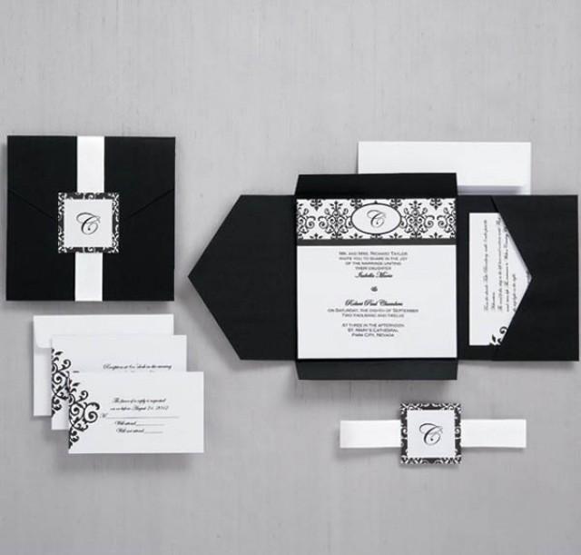 wedding photo - FOUR FOLDED BLACK AND WHITE POCKET INVITATION CARDS HPI270