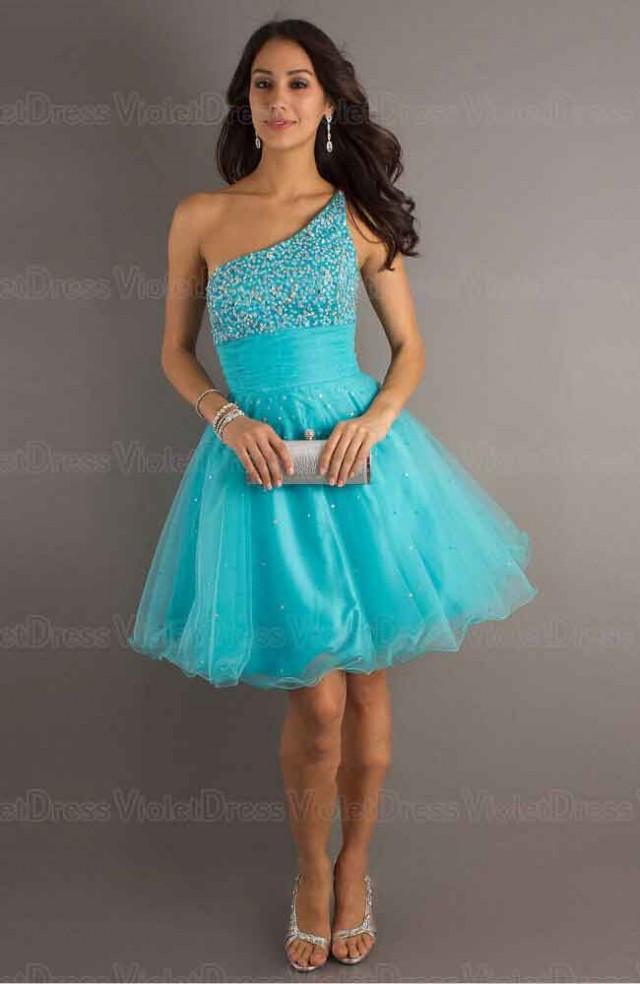 wedding photo - A-line One Shoulder Paillette Blue Sleeveless Short Tulle Prom Dresses / Homecoming Dresses