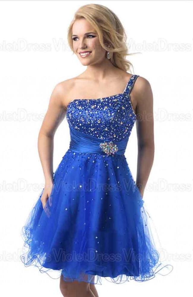 wedding photo - A-line One Shoulder Beading Sleeveless Short Tulle Prom Dresses / Homecoming Dresses