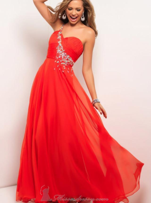 wedding photo - A-line One Shoulder Natural Court Sleeveless Ruched Crystal Zipper Up Chiffon Red Prom / Homecoming / Evening Dresses By Blush 9617