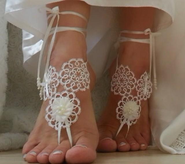 wedding photo - Beach wedding barefoot sandals FREE SHIP embroidered sandals, ivory Barefoot , french lace sandals, wedding anklet,