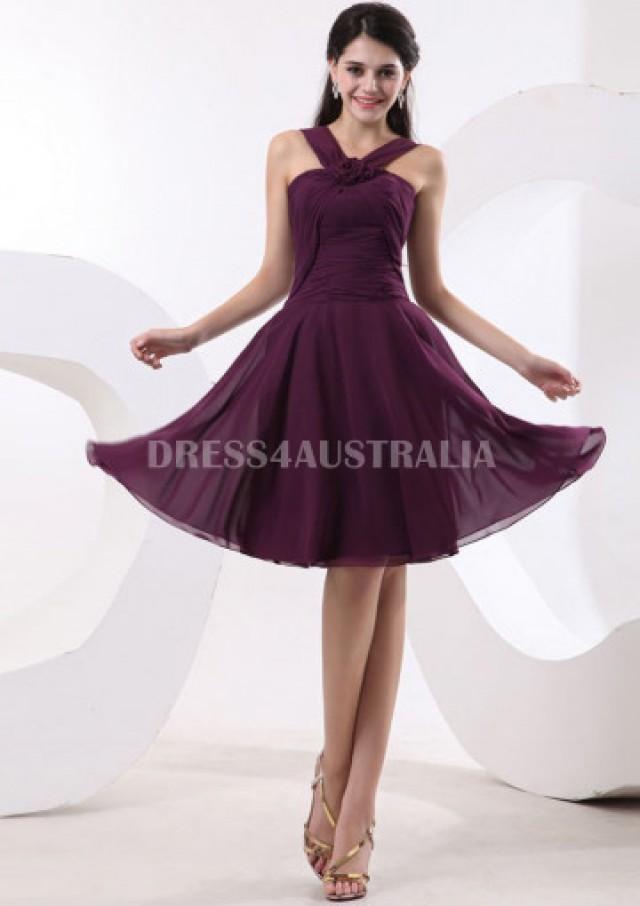 wedding photo - Buy Australia A-line Grape Halter With Flower Chiffon Knee Length Bridesmaid Dresses 8132029 at AU$130.15 - Dress4Australia.com.au
