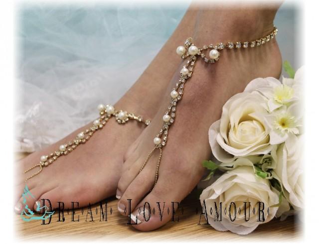 wedding photo - Barefoot Sandals, Parisian, foot jewelry, footless, rhinestone, beach, pearl, wedding, gold 