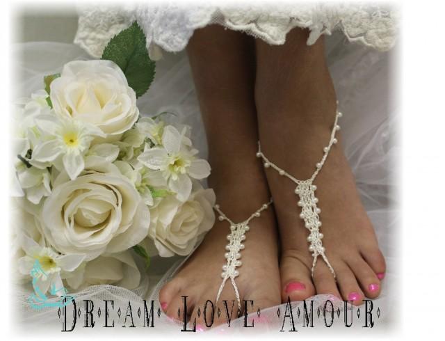 wedding photo - Barefoot sandals, pearl, beaded, crochet, beach, wedding, Petite Pearl cream 