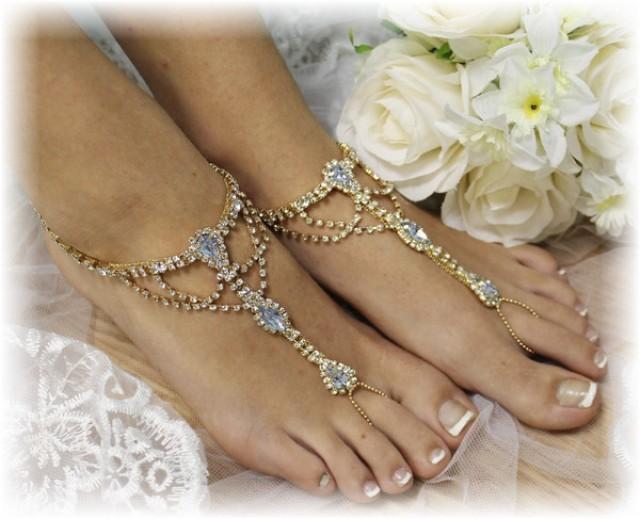 wedding photo - Barefoot sandals, Something Blue, rhinestone, jewelry, bridal, beach, bridal, gold 