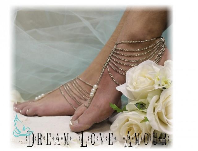 wedding photo - Silver Barefoot sandals, foot jewelry, footless, beach, wedding, Boho, beach, GRECIAN GODDESS 