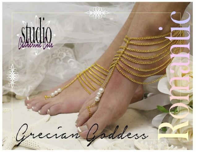 wedding photo - Foot jewelry, gold, barefoot sandals, Boho, bohemian, beach, footless, GRECIAN GODDESS 