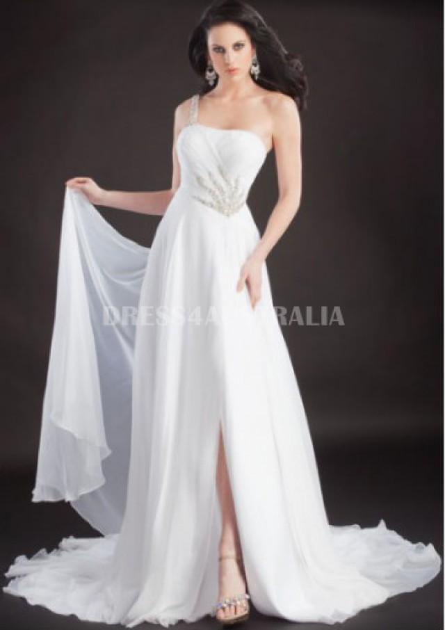 wedding photo - Buy Australia A-line One-shoulder Sequins Long White Chiffon Formal Dress/ Prom Dresses at AU$153.72 - Dress4Australia.com.au