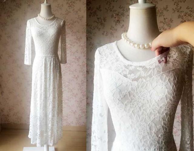 Fashion White Black Lace Dress Plus Size Long Lace Dresses with Sleeve /Autumn Woodland Wedding /Bohemian Sweetheart Simple Wedding Dress