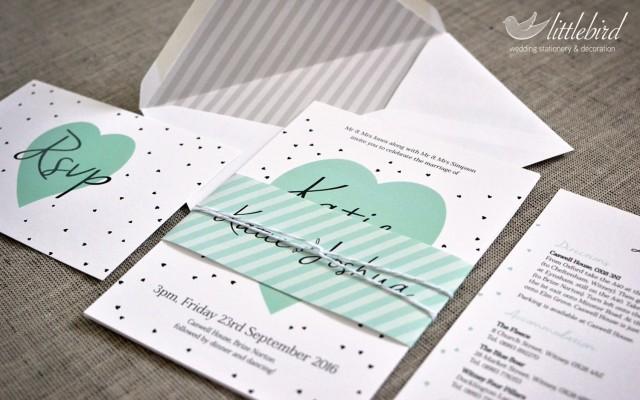 Littlebird - Simple, hearts  wedding invitation, finished with glitter spray - SAMPLE (5&quot;x7&quot; invite)