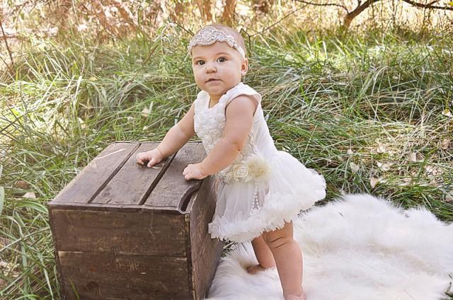 wedding photo - Baby Tutu Dress - Ivory Chiffon Rosette Pettidress Romper -Ivory Baby Dress - Rustic Flower Girl - Lace Romper  - Baby Girl's Dress