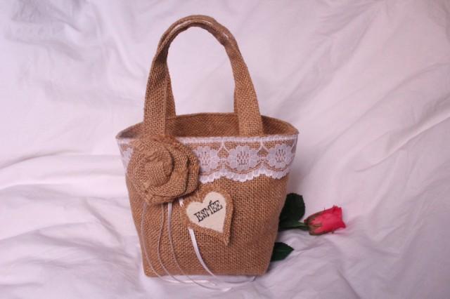 wedding photo - Flower girl basket - hessian bag with burlap flower, lace trim and ribbons. Bridesmaid confetti holder for rustic, country or barn wedding