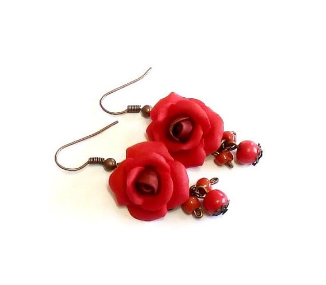 wedding photo - Red Rose Drop Earrings, Red Flower Drop Earrings, Jewelry Red Rose, Red Rose Wedding Earrings