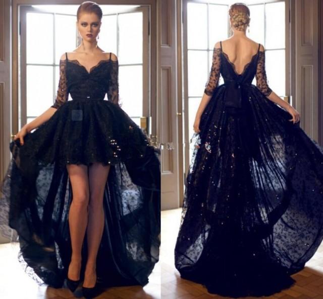 wedding photo - Sexy Hi Lo 2016 Black Prom Dresses Lace Formal Cocktail Dresses Beads Bateau Neck Long Sleeves Formal Evening Gowns Arabic Party Ball Gowns Online with $109.74/Piece on Hjklp88's Store 