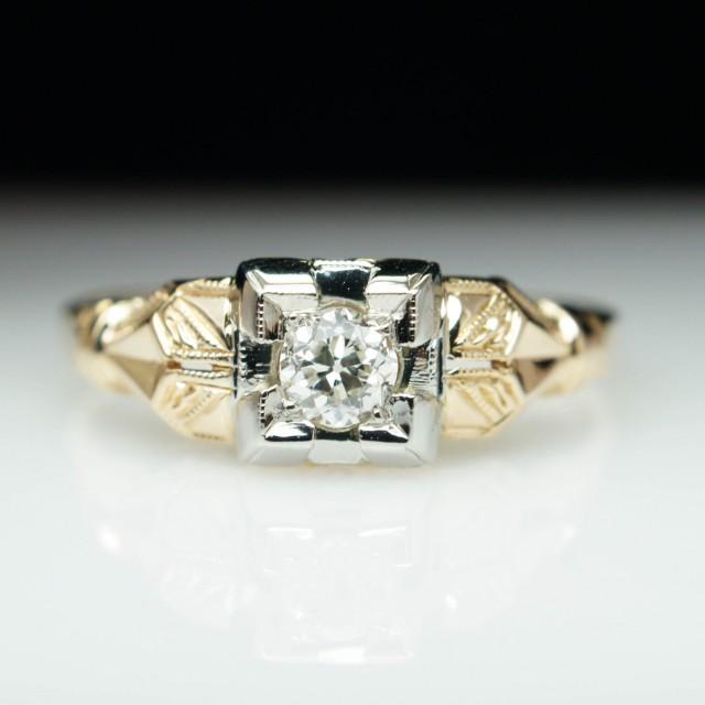 Vintage Diamond Engagement Ring Yellow & White Gold Petite Art Deco Old European Cut Engagement Ring