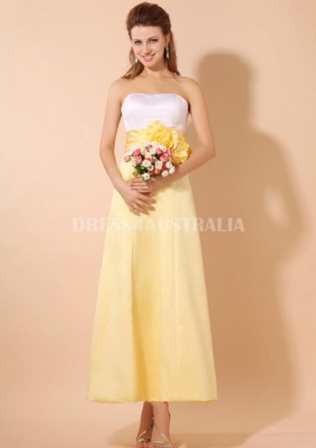wedding photo - Buy Australia A-line Strapless White& Daffodil Two Tones Flowers Satin Floor Length Bridesmaid Dresses 8132132 at AU$123.42 - Dress4Australia.com.au